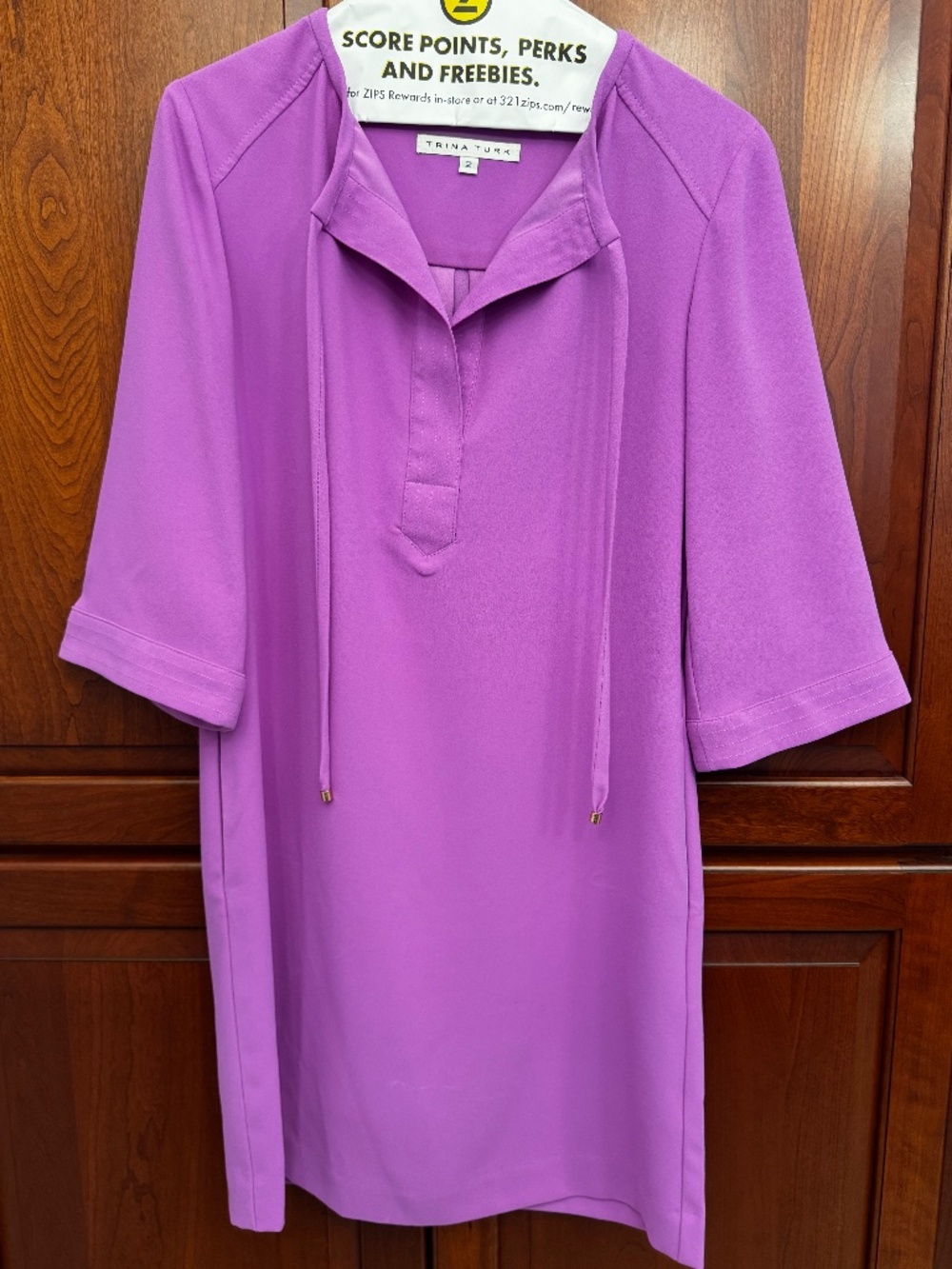 Trina Turk Magenta Purple Tie Neck Shift Dress Size 2 3/4 Sleeve